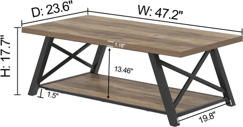 Vista 2 de EXCEFUR Mesa de centro moderna, mesa central rectangular para sala de estar con estante de almacenamiento, mesa de té de cóctel industrial de madera
