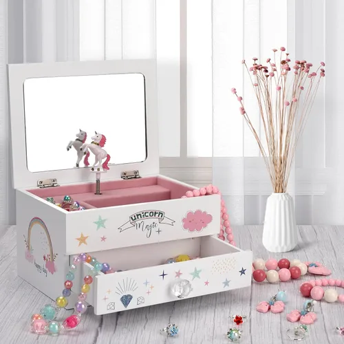 Vista 5 de Aliz - Joyero musical de unicornio para niñas, caja de madera con diseño de unicornio brillante, decoración encantadora de habitación y recuerdos