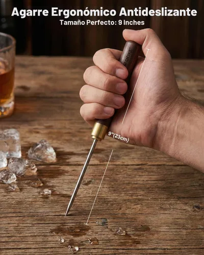 Vista 4 de Pico de hielo de acero inoxidable con cubierta de seguridad, herramienta para romper hielo, mango de madera antideslizante para fácil de agarrar, 9
