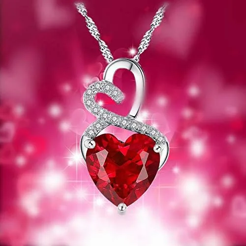 Vista 6 de The Diamond Deal Collar con colgante de piedra preciosa de rubí rojo y piedra natal de julio, corazón y diamantes en plata de ley 925, Diamante, Rubí
