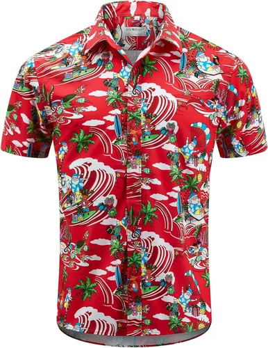 Vista 2 de ENVMENST Camisa de Navidad con botones para hombre, de manga corta, para fiestas de Papá Noel, casual, hawaianas, para fiestas
