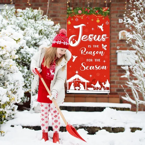 Vista 5 de WovWeave Decoración navideña para puerta religiosa al aire libre, Jesús es la razón de la temporada, fondo de fotografía de Navidad, pancarta