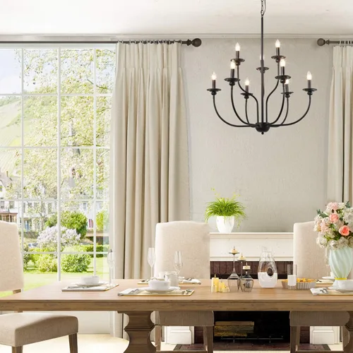 Vista 2 de Candelabro negro, lámpara de granja, lámpara de campo francés de 2 niveles y 9 velas para sala de estar, vestíbulo, dormitorio