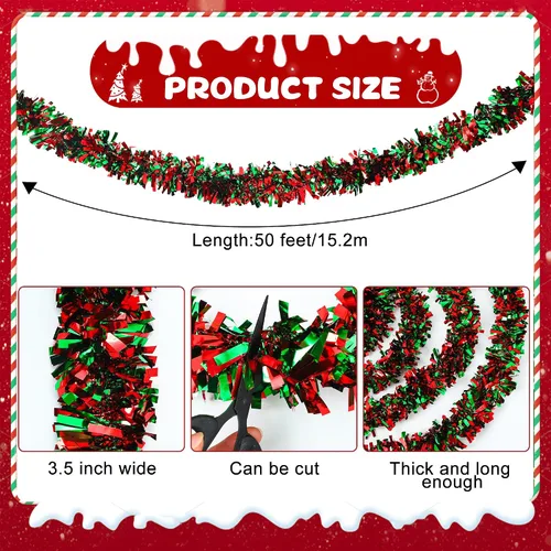 Vista 2 de Guirnalda de Oropel de Navidad de 50 Pies Roja y Verde Metálica Trenzada Decoración Guirnalda Brillante Ornamento Colgante para Árbol de Navidad