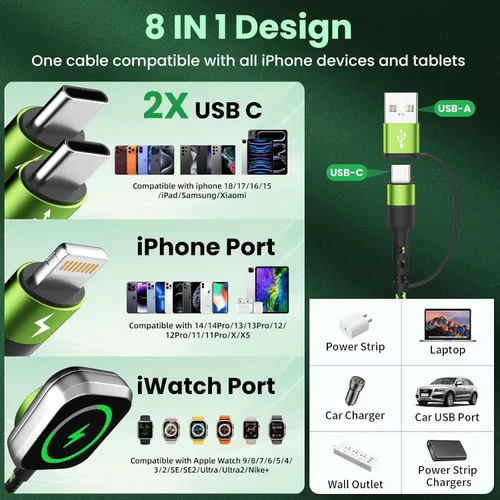 Vista 5 de Cable de carga múltiple 4 en 2 con cargador iWatch, 1 paquete de 5 Negro _ verde