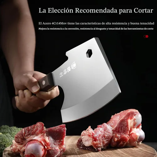 Vista 4 de Kitory Cuchilla de carne, cuchillo de corte de huesos resistente, hoja súper gruesa en forma de hachas de espiga completa, rompe huesos, cuchillo