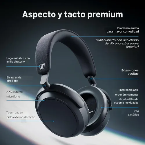 Vista 10 de Sennheiser Momentum 4 Wireless - Auriculares inalámbricos con cancelación de ruido, auriculares Bluetooth para llamadas nítidas con cancelación