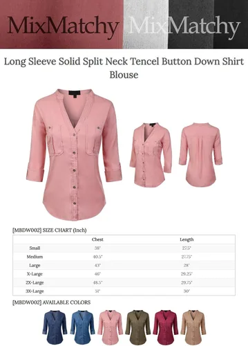 Vista 7 de MixMatchy Blusa de manga larga con cuello dividido y botones Tencel para mujer