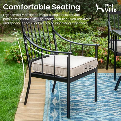 Vista 4 de PHI VILLA Juego de mesa de comedor para patio de 7 piezas con cojín para 6, mesa grande rectangular de metal para exteriores con orificio para Silla
