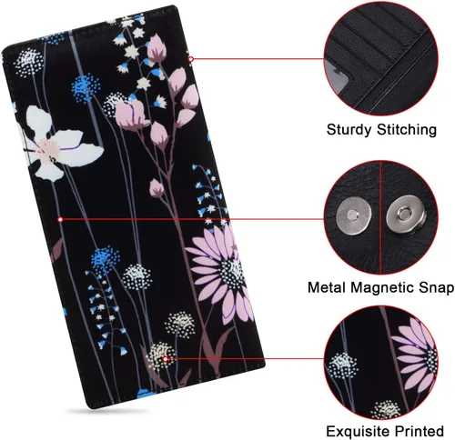 Vista 23 de HUA ANGEL Billetera ultra delgada para mujer, con bloqueo RFID, tarjetero de crédito, plegable, largo, hebilla magnética, billete para mujer, Owl