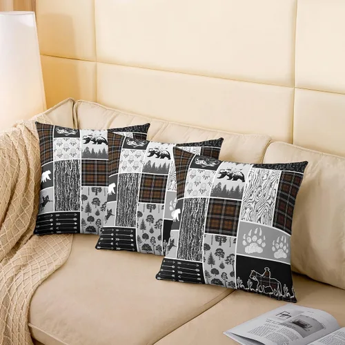 Vista 4 de Erosebridal Juego de 2 fundas de almohada occidentales de 16 x 16 pulgadas, fundas de almohada cuadradas decorativas de cuadrícula marrón retro