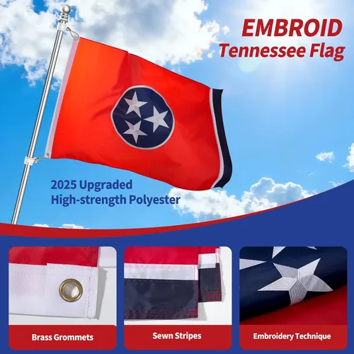 Vista 2 de Bandera de Tennessee de 3 x 5, bandera del estado de Tennessee para exteriores, técnica de bordado, resistente al desgarro, rayas cosidas y ojales