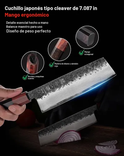 Vista 4 de kanngou Cuchillo Nakiri de chef japonés de 7 pulgadas, cuchillo de chef japonés AUS-8 de acero aleado vegetal con sándalo rojo y mango de madera