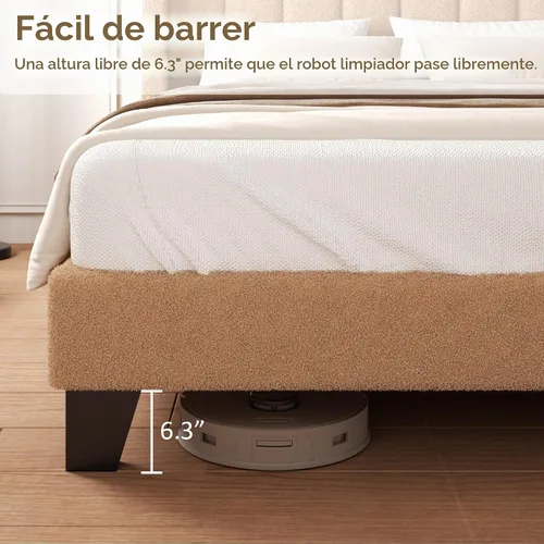 Vista 4 de Base de cama tamaño matrimonial con cabecero, marco de cama plataforma tapizado con cabecero de terciopelo tipo osito de peluche, soporte