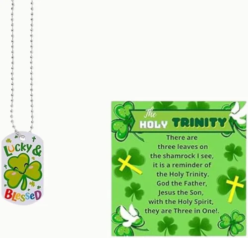 Vista 4 de Biblebanz Collares de etiqueta de perro de fe del día de San Patricio con tarjetas de trébol de la Santísima Trinidad, significado del trébol