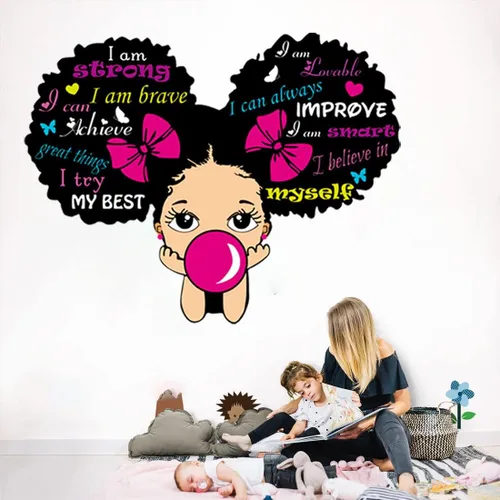 Vista 4 de Calcomanías de pared de niña negra para dormitorio de niñas, calcomanías inspiradoras de pared con citas afroamericanas, calcomanía rosa