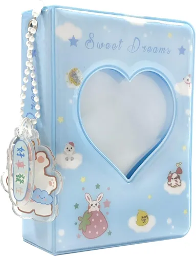 Vista 6 de Mini álbum de fotos de 3 pulgadas, carpeta de tarjetas huecas con corazón, soporte para tarjetas con colgante, 40 bolsillos (oso beige)