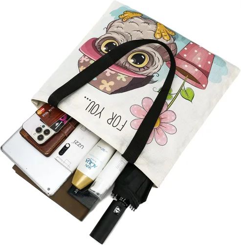 Vista 4 de Bolsa de lona para mujer, bolsas de comestibles reutilizables, bonitas bolsas estéticas para regalos de Navidad, compras y playa (búho lindo)