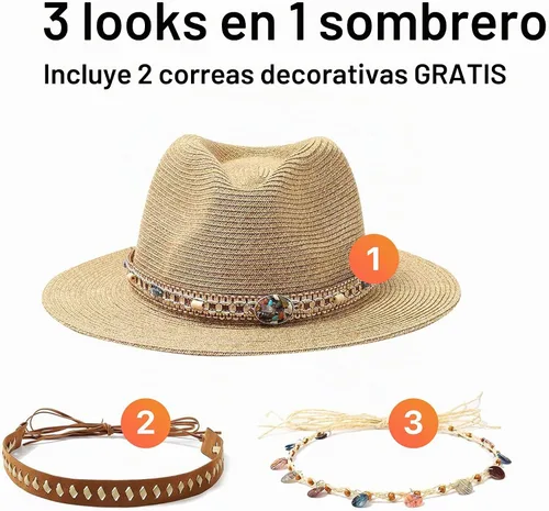 Vista 2 de Nollia Sombrero de vaquero de paja occidental para mujer, sombrero de sol de ala ancha con 3 bandas de cuentas intercambiables, ajuste ajustable