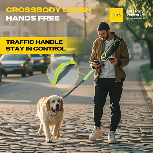 Vista 3 de Fida Correa de perro 3 en 1 manos libres con bolsa de cremallera y elástico, correa reflectante cruzada para correr para perros con asa de tráfico