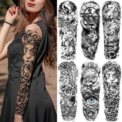 Vista 11 de Mangas temporales de tatuaje de bosque, brazo completo, lobo grande, león, animal, bosque, tribal, tatuajes falsos para hombres, mujeres y adultos