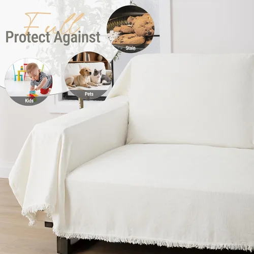 Vista 3 de Funda de sofá de chenilla, lavable, color beige y blanco, para sofá de 2 cojines, cómoda, gruesa y suave, en forma de L, protector de muebles
