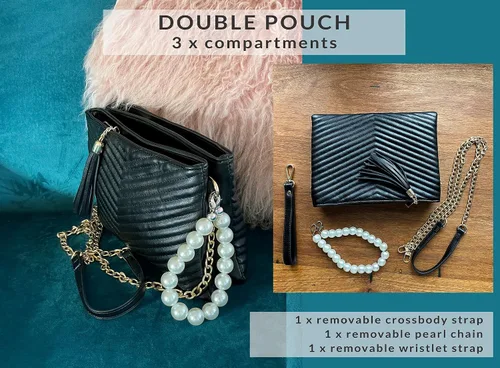 Vista 2 de Before Ever Bolsos de mano de pulsera de doble bolsa para mujer bolso de mano grande de noche con cruzado de perlas blancas