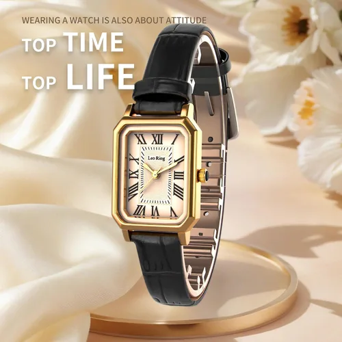 Vista 7 de LEO RING Relojes dorados para mujer, reloj analógico de lujo, delicado y moderno, pequeño, de cuero marrón, caja rectangular, esfera romana