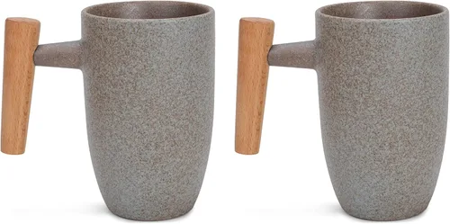 Vista 7 de Nat & Jules - Juego de 2 tazas de cerámica con mango de madera, acabado pizarra, 11 onzas