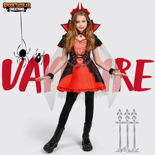 Vista 2 de Spooktacular Creations Disfraz de vampiro para niñas, disfraz de vampiro rojo oscuro para niñas, disfraz de Halloween