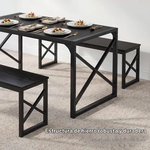 Vista 7 de VECELO Juego de mesa de comedor de cocina de 55 pulgadas para 4, marco de acero resistente y mesa de grano de madera, juegos de comedor que ahorran