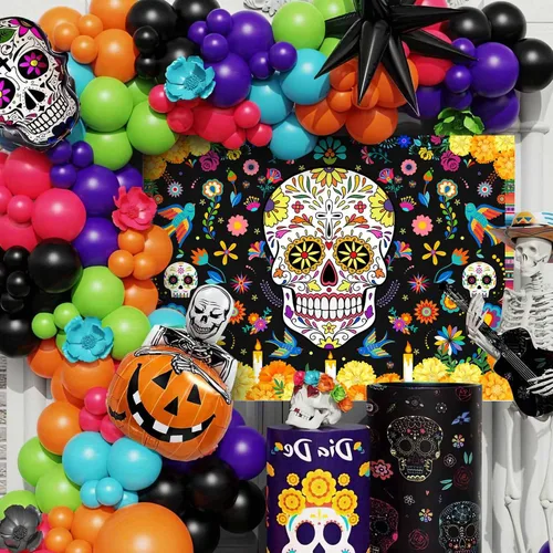 Vista 4 de MEHOFOND Telón de fondo del Día de los Muertos de 7 x 5 pies, diseño de calavera de azúcar Dia De Los Muertos, fondo de fotografía, Fieasta