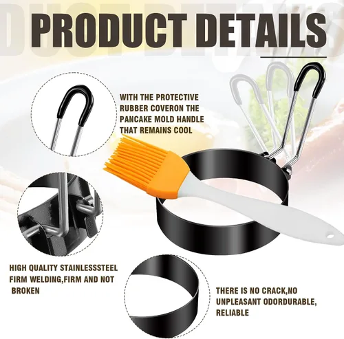 Vista 3 de 12 anillos de huevo para freír huevos, molde antiadherente para panqueques, molde de acero inoxidable con 4 cepillos de silicona, forma redonda