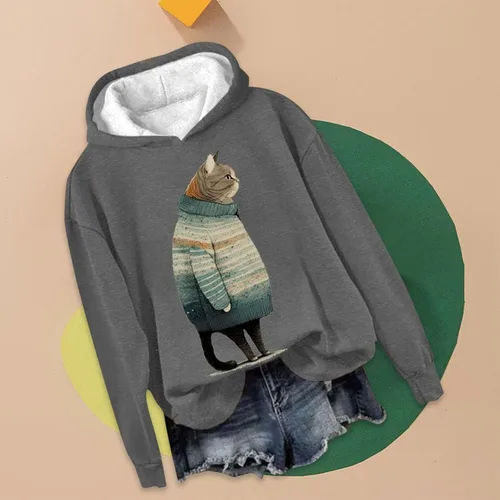Vista 3 de Sudadera con capucha de moda para mujer, con estampado gráfico de gatoperro, cuello redondo, holgada, 2023, bolsillos de moda, tallas grandes