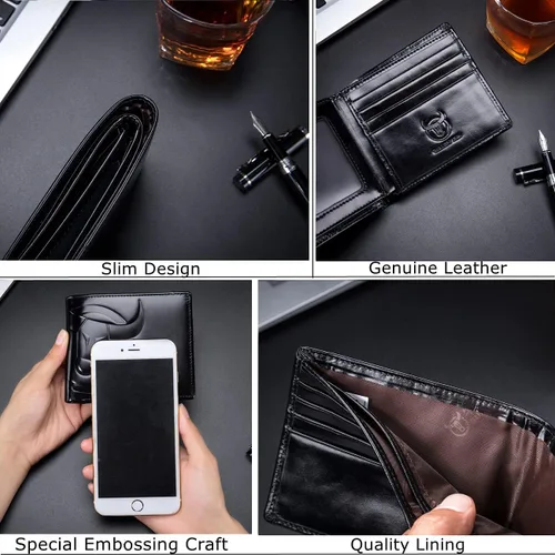 Vista 5 de BULLCAPTAIN Cartera delgada para hombre de cuero genuino RFID bloqueo minimalista cartera para hombres doble tarjeta de crédito titular 203H Negro S