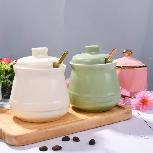 Vista 7 de Azucarero con tapa y cuchara, tazón de azúcar de cerámica, contenedor de azúcar multifunción para especias, tarro de sal, condimentos, tarro de Verde