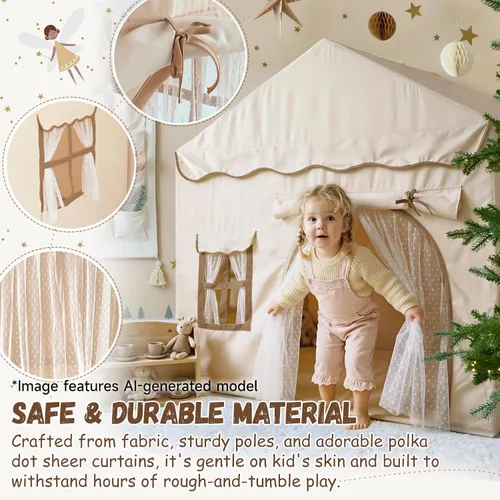 Vista 3 de Tienda de campaña para niños con doble puerta castillo de juegos para niños - Beige Kids Tent with Mat, Two Doors Fantasy Adventure Play House for