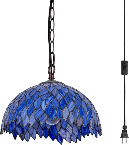 Vista 15 de Lámpara Colgante de Vidrio Emplomado Estilo Tiffany con Enchufe, 12" de Ancho Diseño de Glicinia Lámpara Colgante, Cadena de 60 Pulgadas Cable de 15