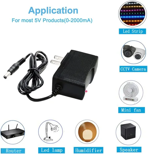 Vista 6 de Adaptador de fuente de alimentación de 5V 2A DC 10W AC/DC Adaptador de enchufe de pared 100V-240V AC a DC 5 voltios 2Amp 1Amp Cable de alimentación