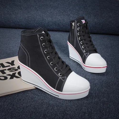 Vista 3 de Zapatos deportivos de cuña para mujer, plataforma de tacón alto, zapatos de lona con cordones y cremallera, zapatos de tenis de plataforma