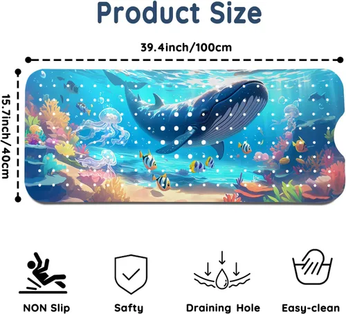 Vista 2 de LNOND Alfombra de baño para niños, tapete antideslizante de ballenas azules, con orificios de drenaje y ventosas, lavable a máquina