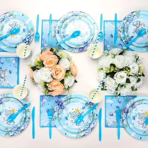 Vista 4 de Spakon Juego de 200 piezas de decoración de baby shower, platos de papel para fiesta de elefante, servilletas, tazas y vajilla, juego de vajilla Azul