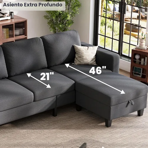 Vista 5 de Sofá modular en forma de L de 78 pulgadas, color gris oscuro con otomana de almacenamiento