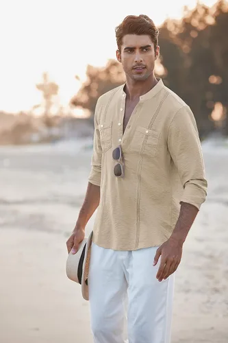 Vista 7 de COOFANDY Camisa Henley de lino para hombre, de manga larga, casual, hippie, de algodón, para playa