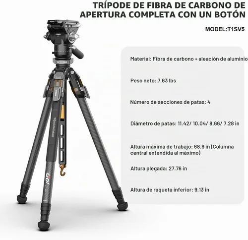 Vista 7 de COMAN T1SV5 Trípode de fibra de carbono con liberación de una sola presión, trípode profesional ajustable de 63 pulgadas para cámara, trípode