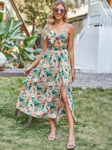 Vista 4 de Vestido de verano para mujer, diseño de hojas tropicales, lazo frontal, tirantes delgados, cintura fruncida, corte acampanado, maxi vestido