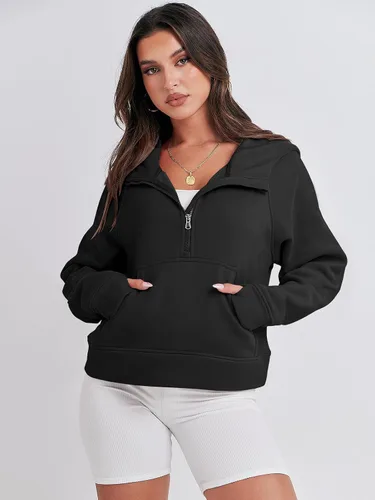 Vista 3 de ANRABESS Sudaderas con capucha corta con media cremallera para mujer, sudadera de forro polar con cremallera de un cuarto, ropa de invierno 2023