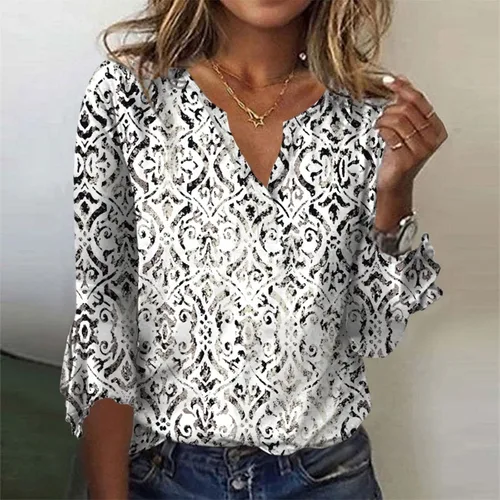 Vista 4 de Lindas camisetas de otoño para mujer, blusas sueltas casuales con cuello en V estampadas, blusas de manga 34