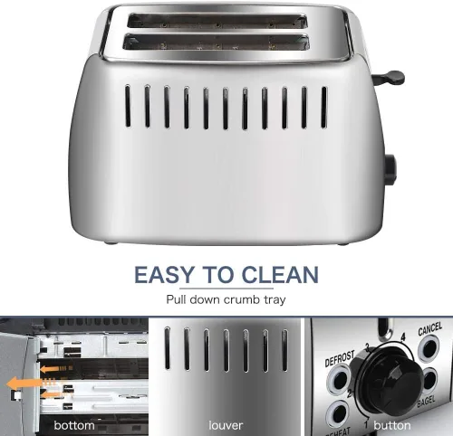Vista 6 de Tostadoras de acero inoxidable de 2 rebanadas de ranura ancha para bagels 6 Browning Setting, Bagel/Reheat/Defrost/Cancel Function, Slim Toaster 2