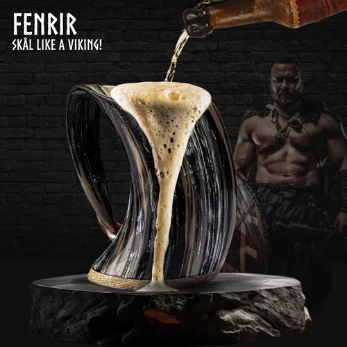 Vista 6 de FENRIR Taza de cuerno vikingo de 16 onzas con vaso de chupito, regalos vikingos para hombres y mujeres, abridor de botellas, jarra de cuerno de buey
